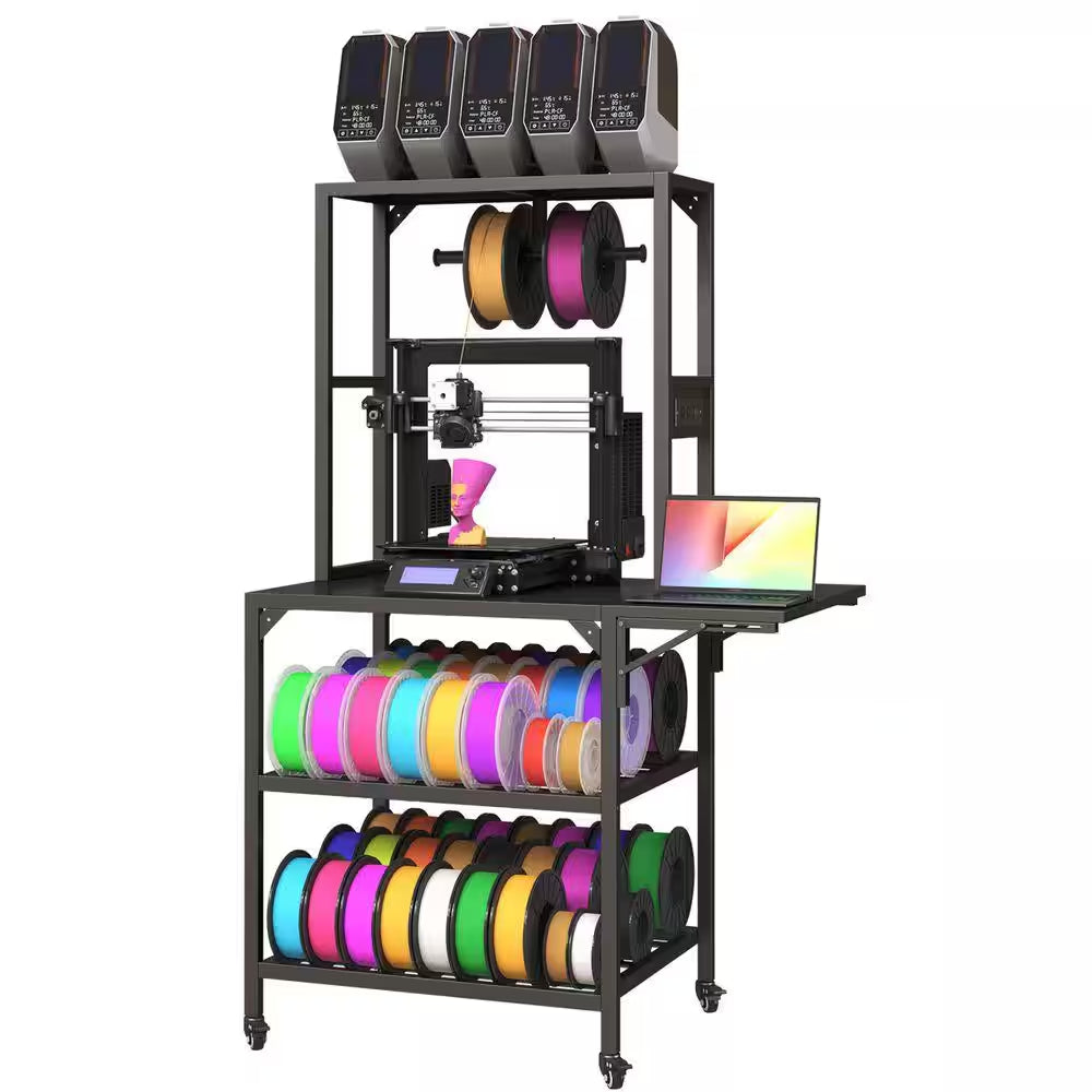 Black 65.4 In. H Heavy Duty 3D Printer Table Stand with Filament Storage Rack, T-Shaped Spools Holder Rack and Wheels