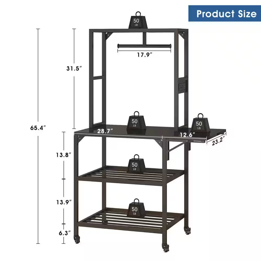 Black 65.4 In. H Heavy Duty 3D Printer Table Stand with Filament Storage Rack, T-Shaped Spools Holder Rack and Wheels
