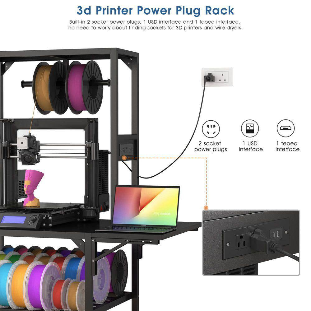 Black 65.4 In. H Heavy Duty 3D Printer Table Stand with Filament Storage Rack, T-Shaped Spools Holder Rack and Wheels