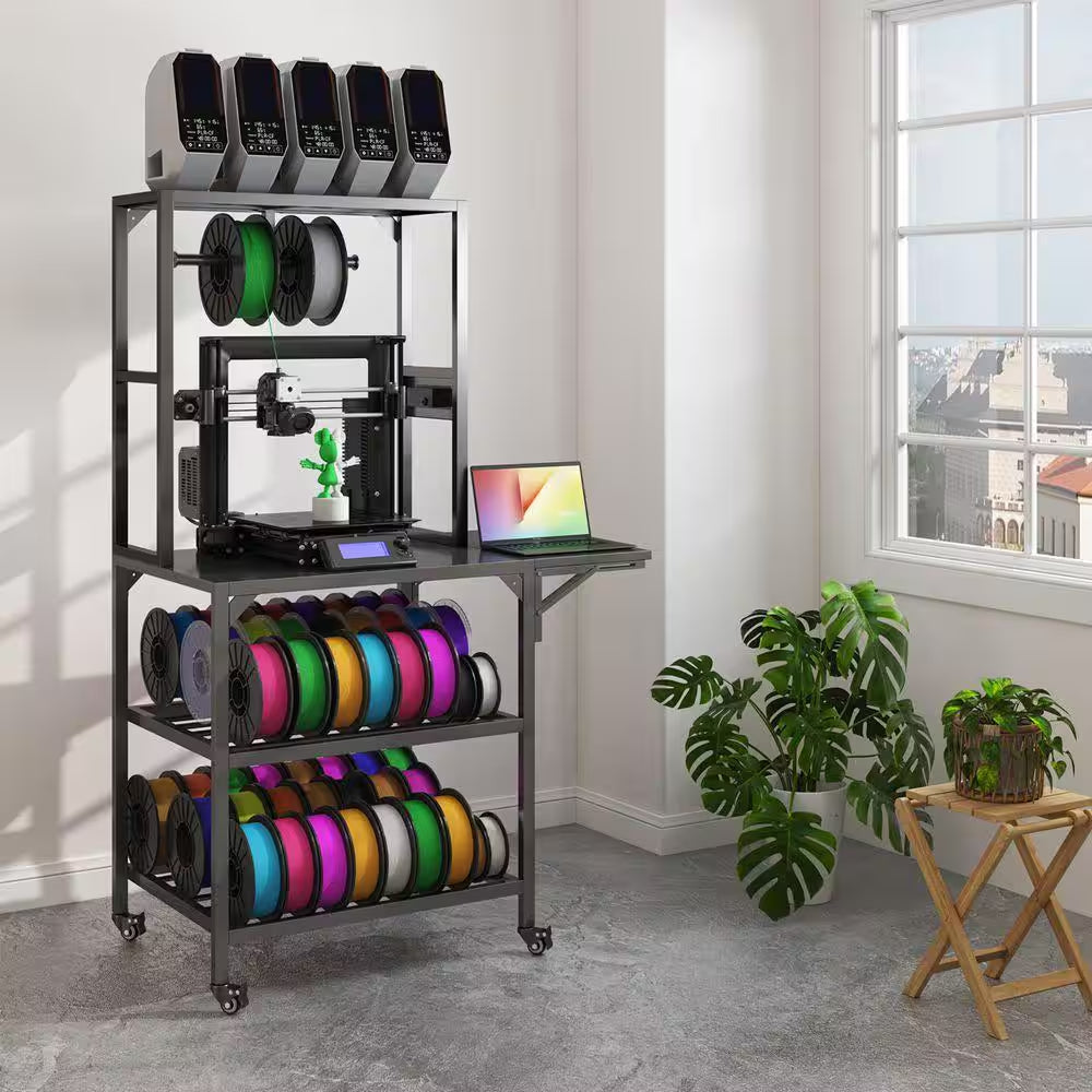Black 65.4 In. H Heavy Duty 3D Printer Table Stand with Filament Storage Rack, T-Shaped Spools Holder Rack and Wheels