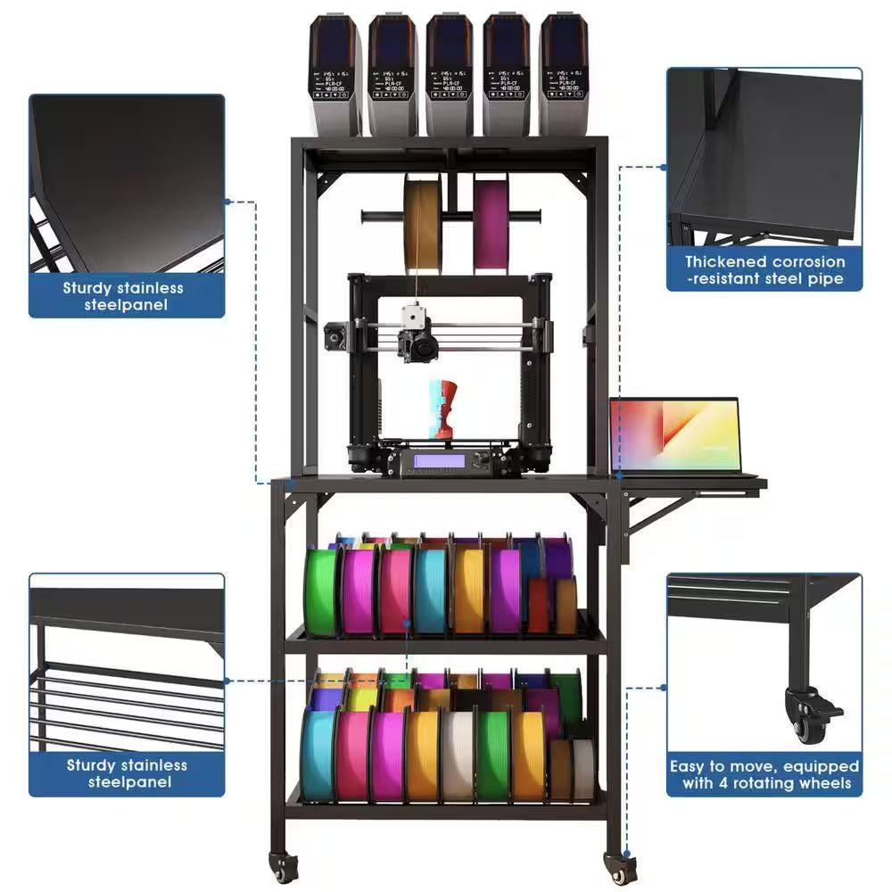 Black 65.4 In. H Heavy Duty 3D Printer Table Stand with Filament Storage Rack, T-Shaped Spools Holder Rack and Wheels