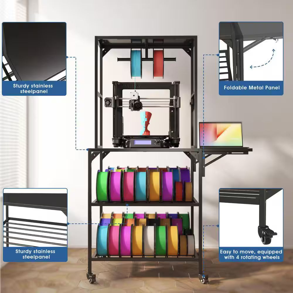 Black 65.4 In. H Heavy Duty 3D Printer Table Stand with Filament Storage Rack, T-Shaped Spools Holder Rack and Wheels