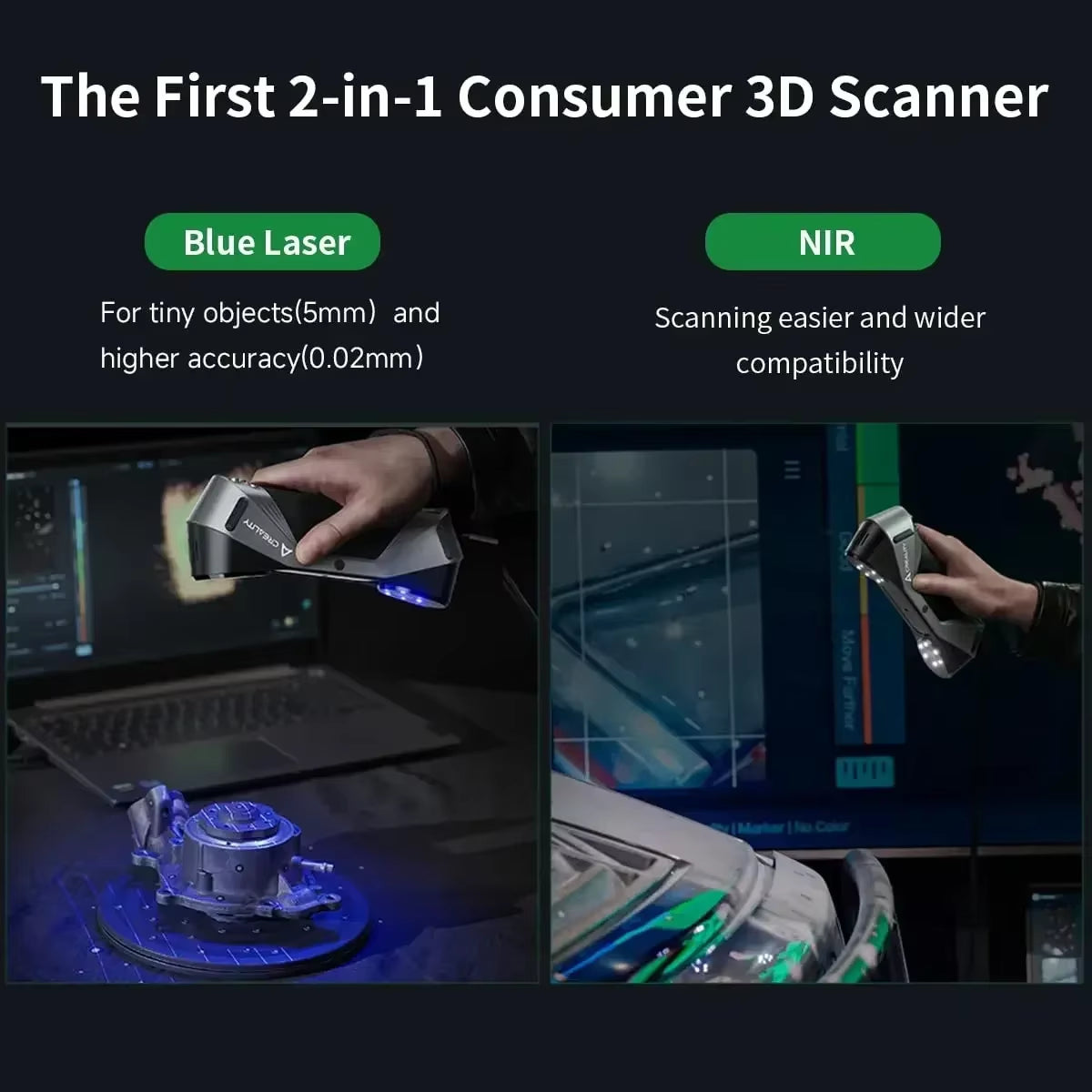 3D Scanner Cr-Scan Raptor Handheld Scan 0.02 Mm Accuracy 60Fps Scanning Speed Blue Laser NIR Light 3D Printing Scanner