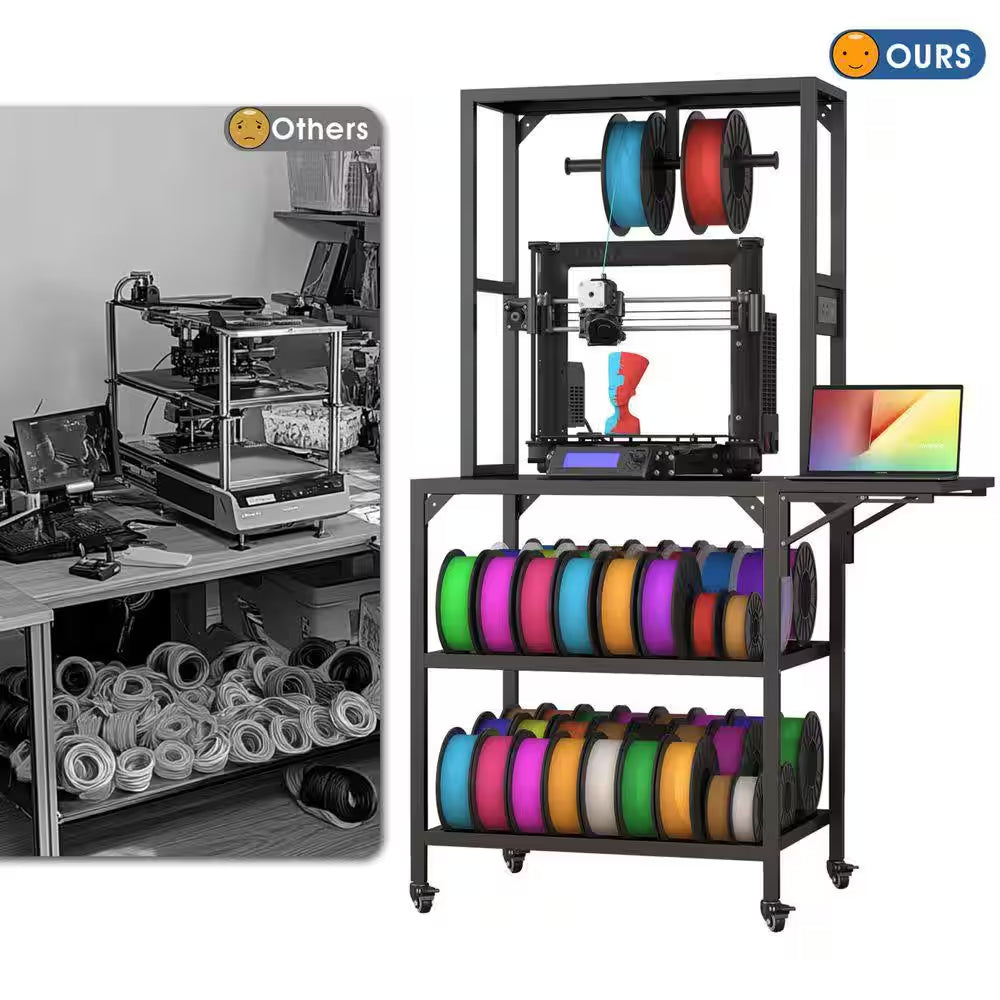Black 65.4 In. H Heavy Duty 3D Printer Table Stand with Filament Storage Rack, T-Shaped Spools Holder Rack and Wheels