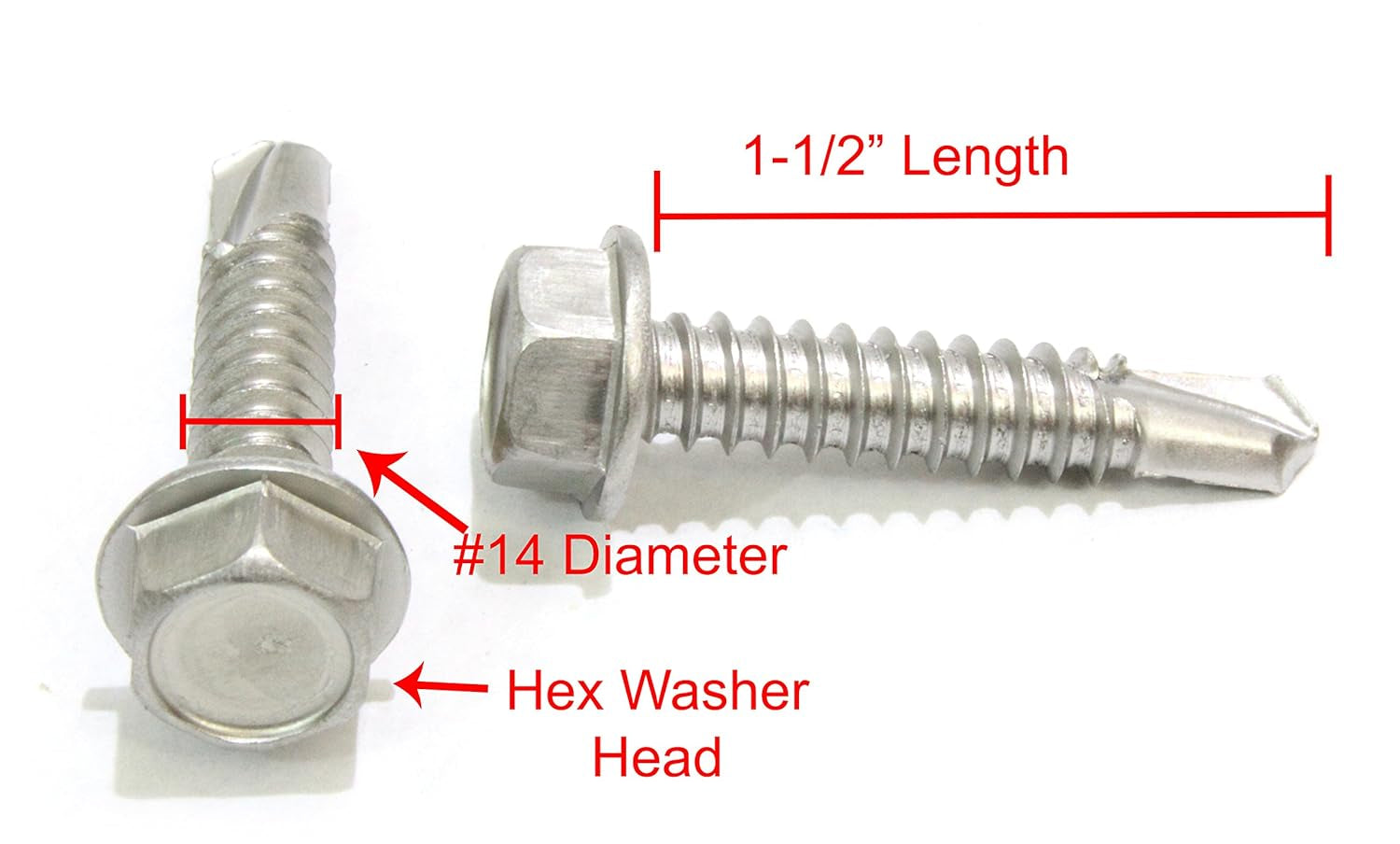 Premium No. 14 X 1-1/2" Stainless Steel Self-Drilling Screws - 50 Pack, TEK Screws with No. 3 Point, Plain Finish