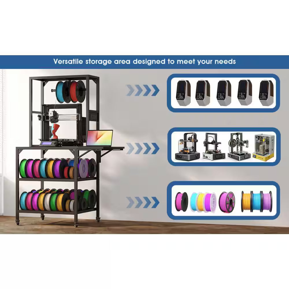 Black 65.4 In. H Heavy Duty 3D Printer Table Stand with Filament Storage Rack, T-Shaped Spools Holder Rack and Wheels