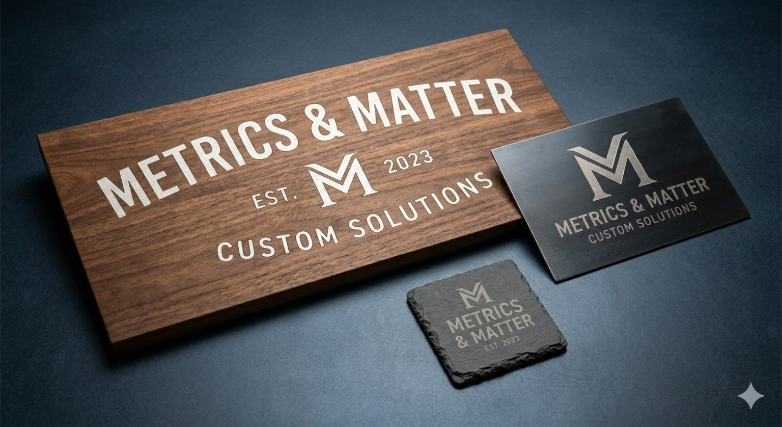Metrics & Matter signs and engraved pieces concept